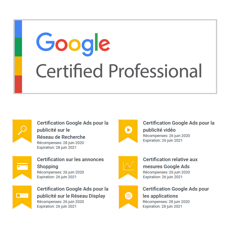 Obtention des 6 certification Google AdWords.